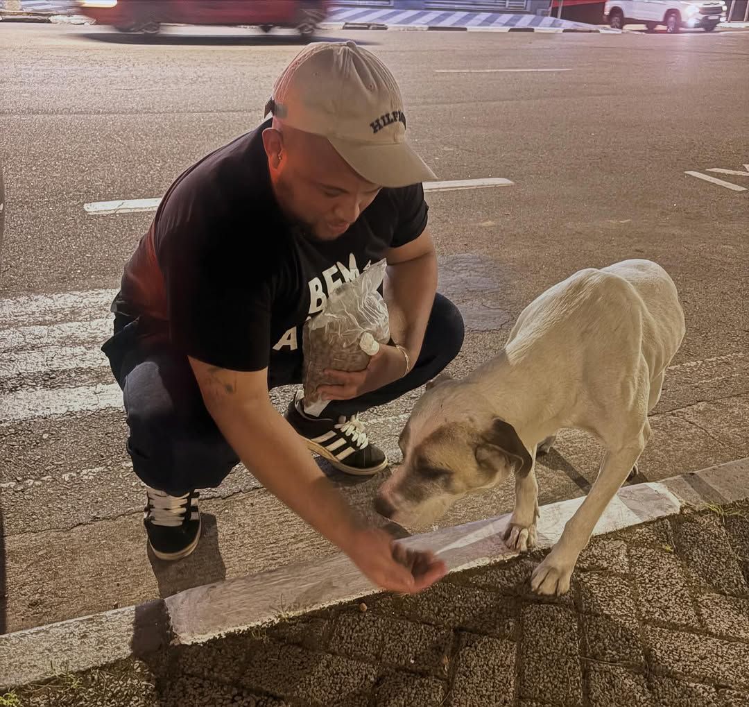 Voluntário fazendo carinho em cachorro durante ação de rua